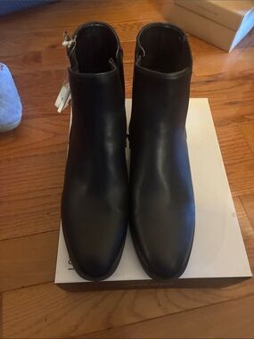 Nine West Black Leather Ankle Boots with Gold Heel Trim